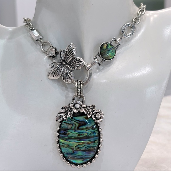 Abalone Shell White Austrian Crystal Silver Butterfly Accent Necklace